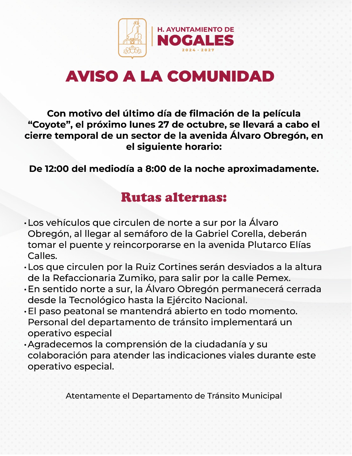 Anuncian cierre vial por filmación de la película “Coyote”