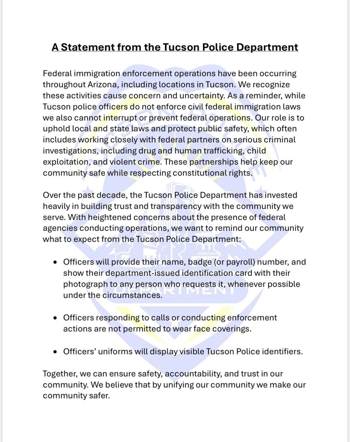 Policía de Tucson aclara su papel ante operativos federales de migración